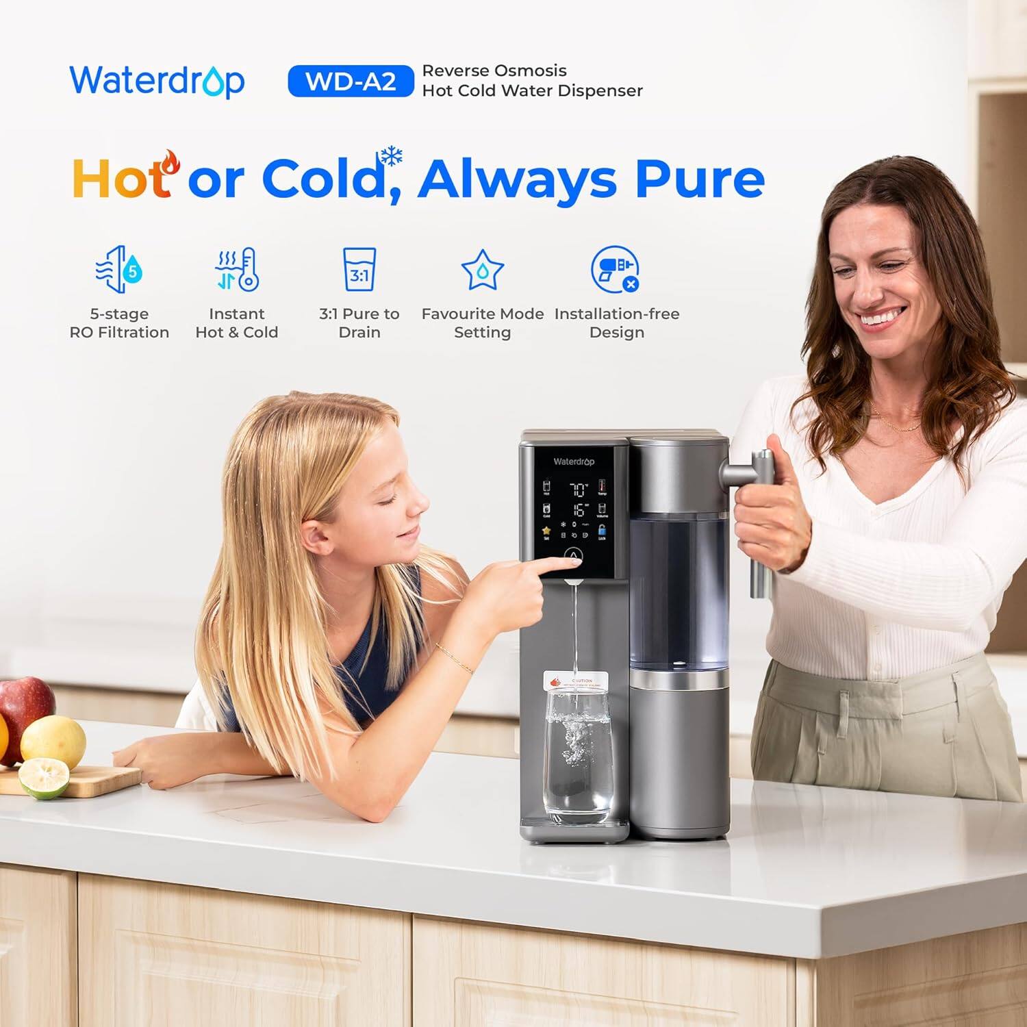 Reverse Osmosis Waterdrop WD-A2 Hot Cold Water Dispenser Hot or Cold, Always Pure 5-stage RO Filtration Instant Hot & Cold 3:1 Pure to Drain Favourite Mode Installation-free Setting Design Waterdrop