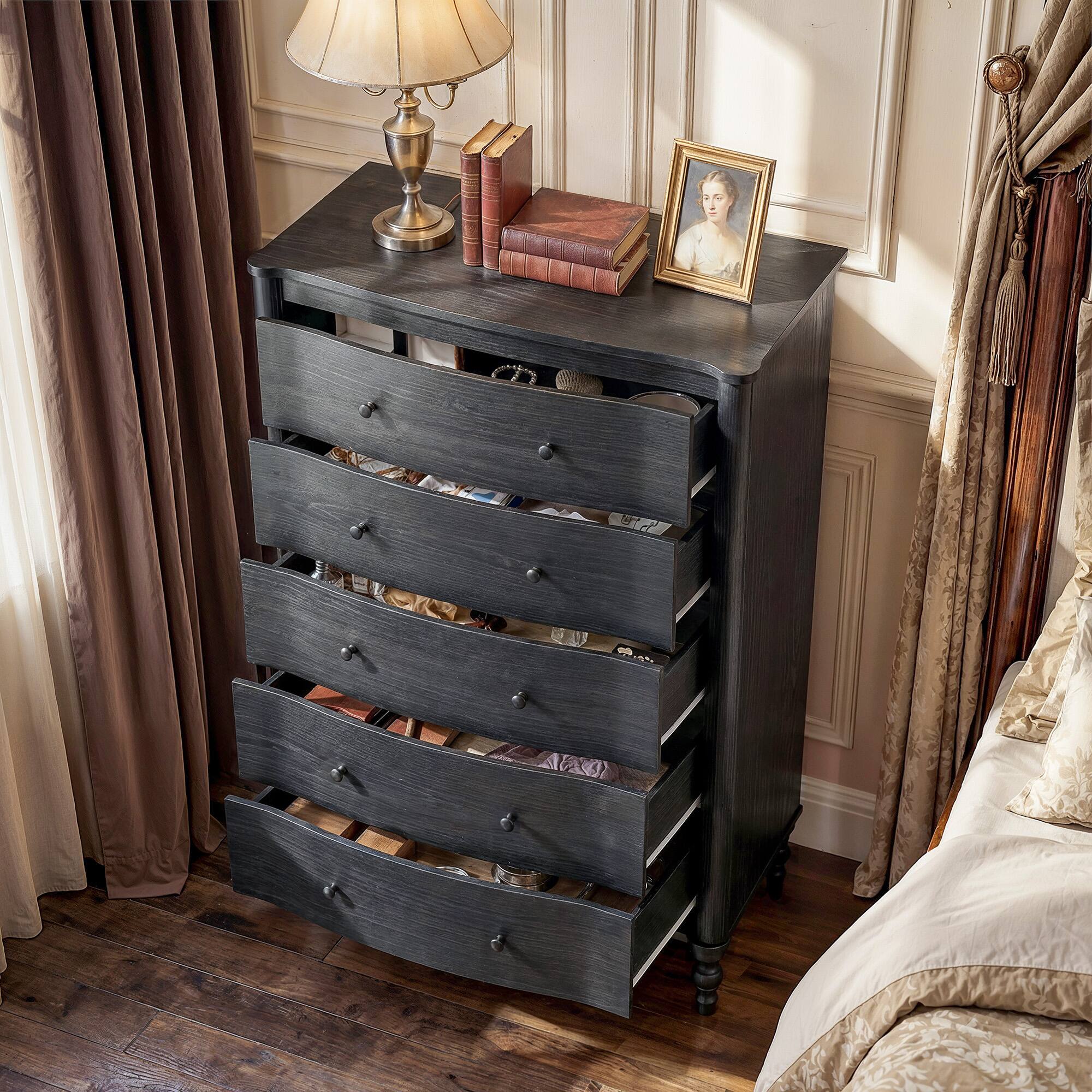 Left. FUFU & GAGA - Vintage Curved 5-Drawer Dresser - Dark Walnut Finish Storage Chest with Fluted Front for Bedroom, Entryway, Living Room - Black.