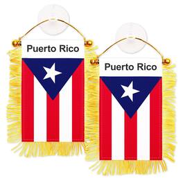 G128 - 2-Pack Puerto Rico Fringed Hanging Flag, 3x5 in, Double-Sided, with Suction Cup for Car Rearview Mirror and Window - Red, White, Blue