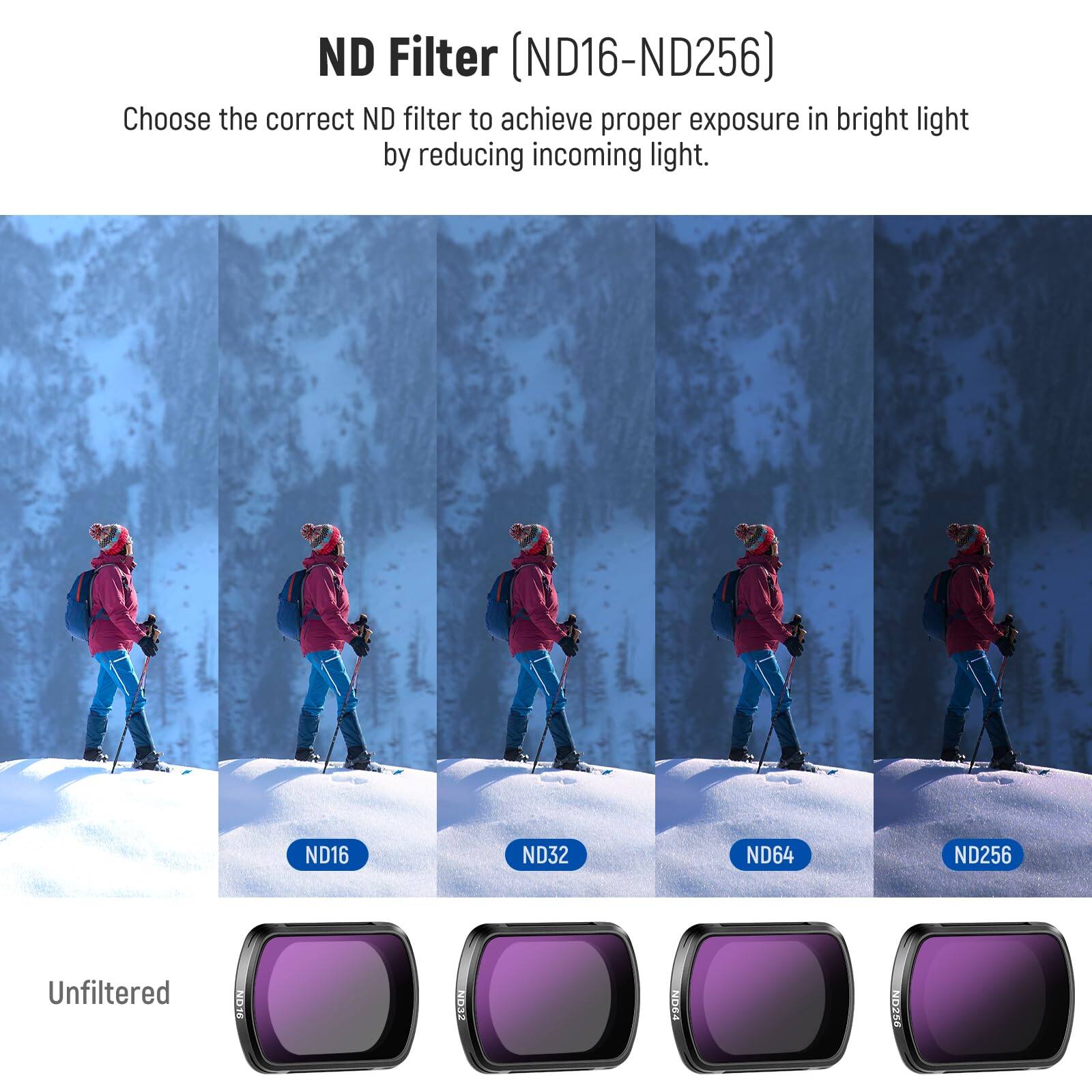 ND Filter (ND16-ND256)

Choose the correct ND filter to achieve proper exposure in bright light by reducing incoming light.

ND16  
ND32  
ND64  
ND256  
Unfiltered