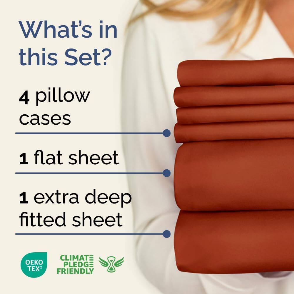 What's in this Set?

- 4 pillow cases
- 1 flat sheet
- 1 extra deep fitted sheet

CLIMATE PLEDGE FRIENDLY

OEKO TEX