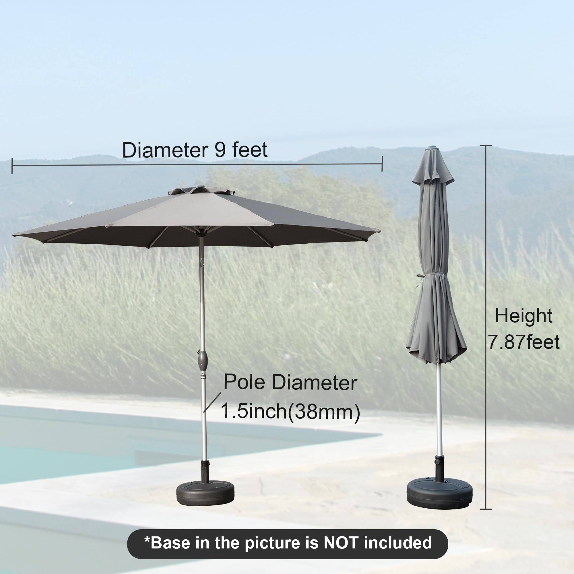 Diameter 9 feet  
Height 7.87 feet  
Pole Diameter 1.5 inch (38mm)  
*Base in the picture is NOT included