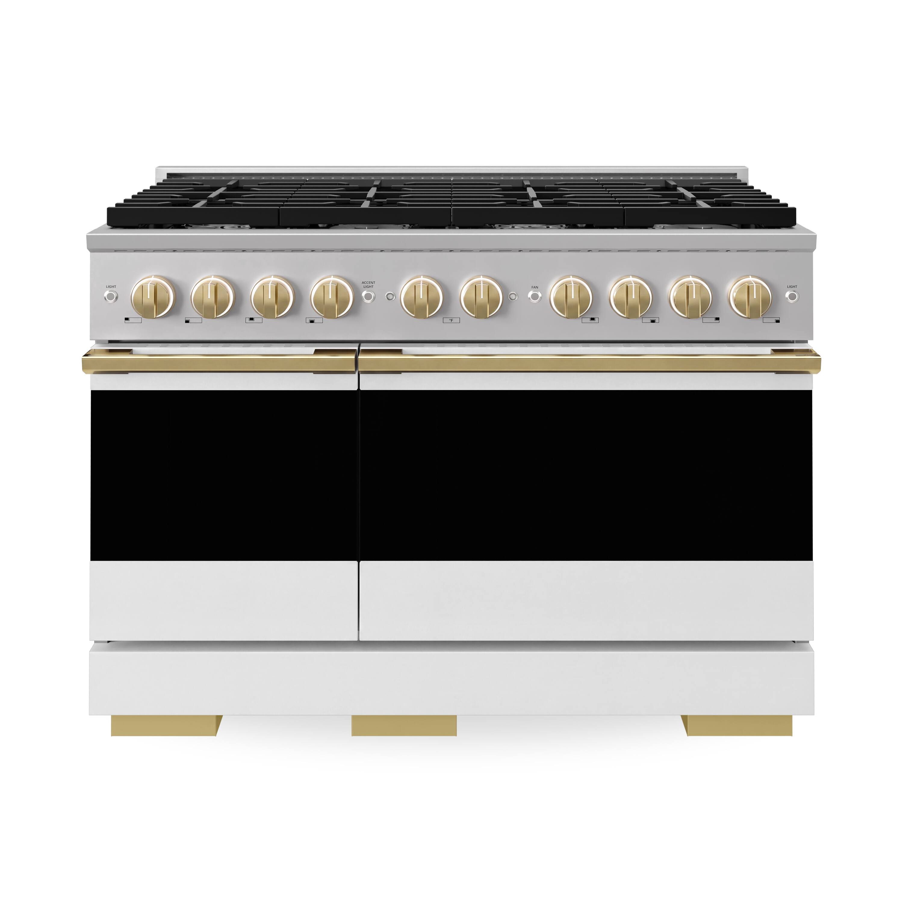 Front. ZLINE - Autograph 48 in. 6.7 cu. ft. Marino Freestanding Double Oven Gas Range with 8 Burners and Polished Gold Accents - White Matte.