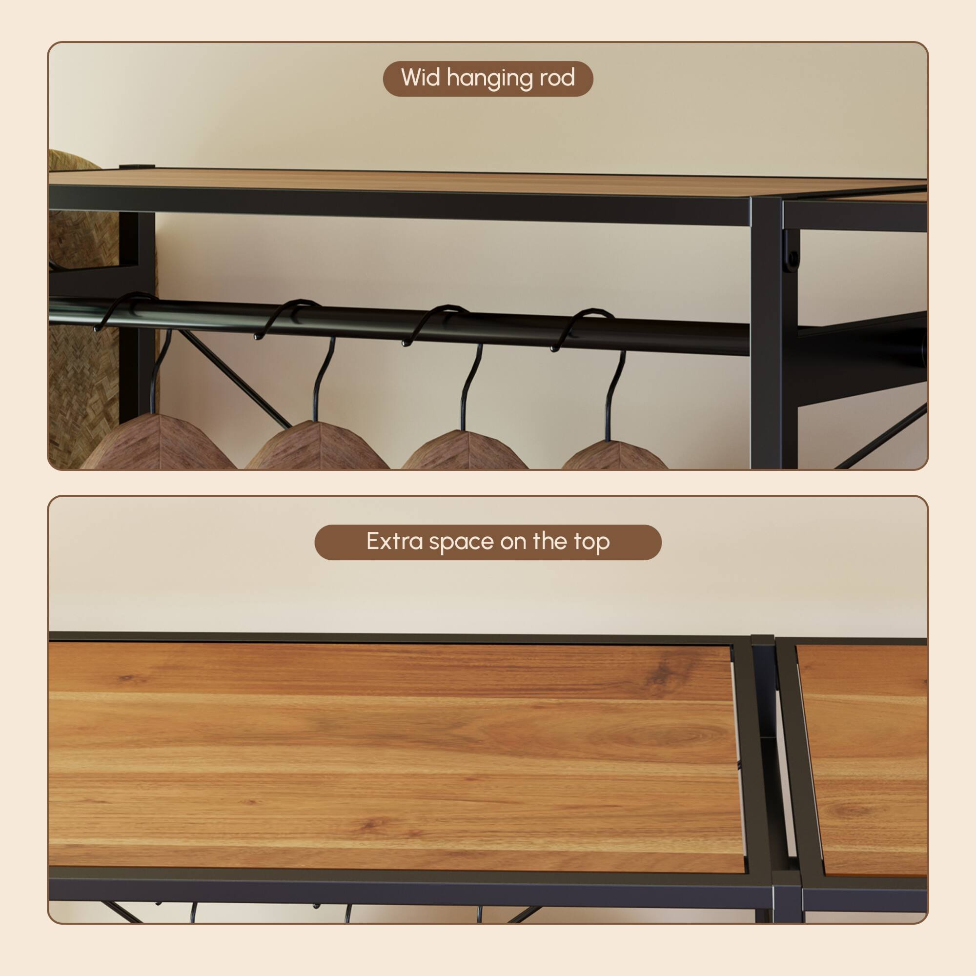 - Wid hanging rod
- Extra space on the top