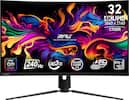The text on the image reads: "32 4K 4KUHD 3840 X 2160 1700R MAG MSI PERFORMANCE GAMING msi QD OLED msi 240 Hz 003 ms GTG OLED CARE 2.0 98w."
