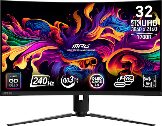 The text on the image reads: "32 4K 4KUHD 3840 X 2160 1700R MAG MSI PERFORMANCE GAMING msi QD OLED msi 240 Hz 003 ms GTG OLED CARE 2.0 98w."