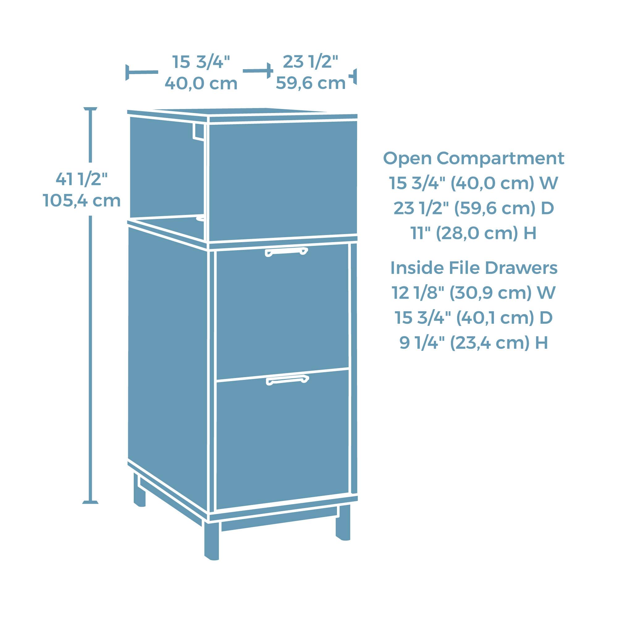 Sure, here is the corrected and grouped text:

---

**Dimensions:**

- **Overall Size:**
  - Width: 15 3/4" (40.0 cm)
  - Depth: 23 1/2" (59.6 cm)
  - Height: 41 1/2" (105.4 cm)

- **Open Compartment:**
  - Width: 15 3/4" (40.0 cm)
  - Depth: 23 1/2" (59.6 cm)
  - Height: 11" (28.0 cm)

- **Inside File Drawers:**
  - Width: 12 1/8" (30.9 cm)
  - Depth: 15 3/4" (40.1 cm)
  - Height: 9 1/4" (23.4 cm)

---