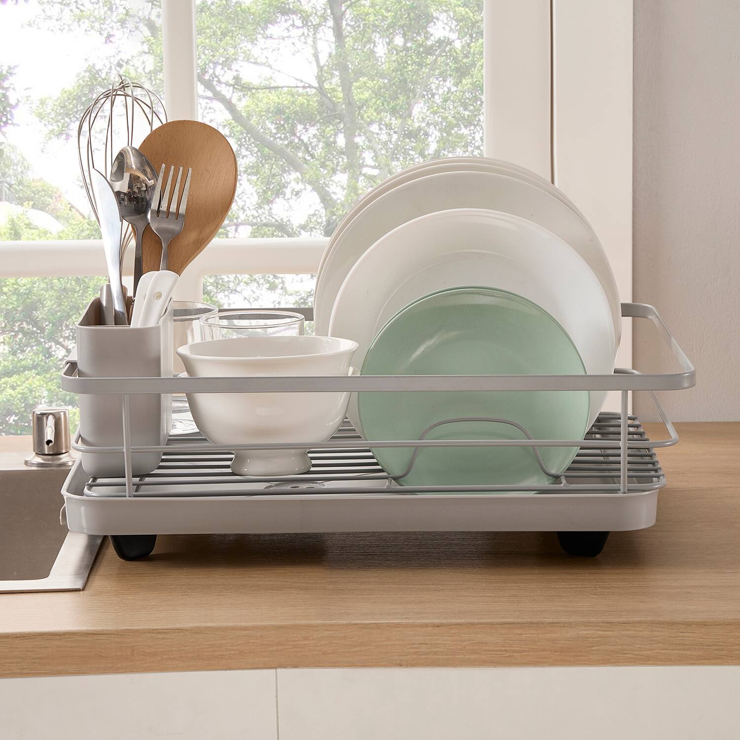 Sweet Home Collection - 3-Piece Multi-Functional Dish Drying Rack with Drain Board & Utensil Holder - Silver