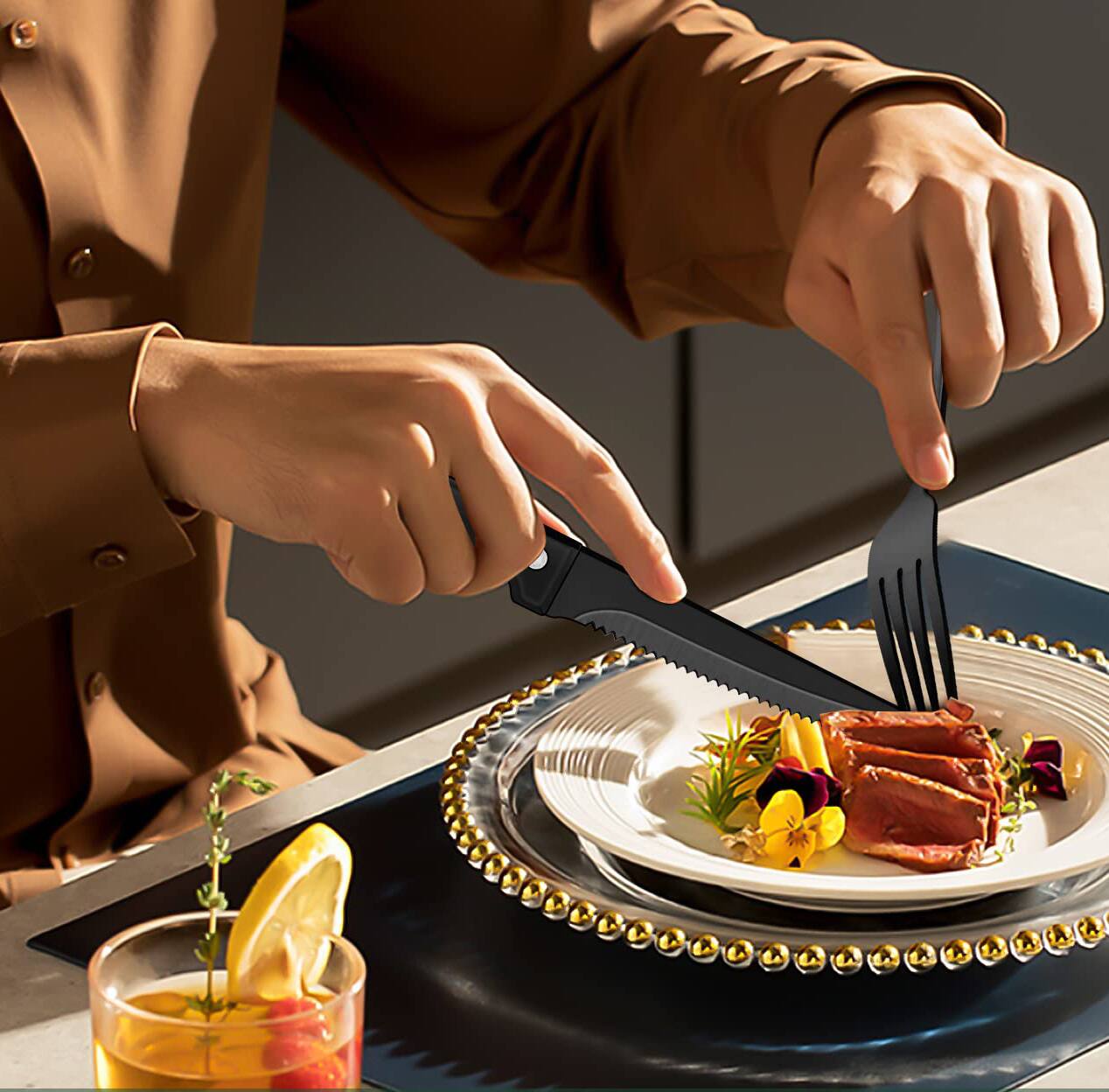 Alt View 3. Dazzed Corner - 24-Piece Stainless Flatware Cutlery Silverware, Fork Spoon Knife, Service for 4 - Black.