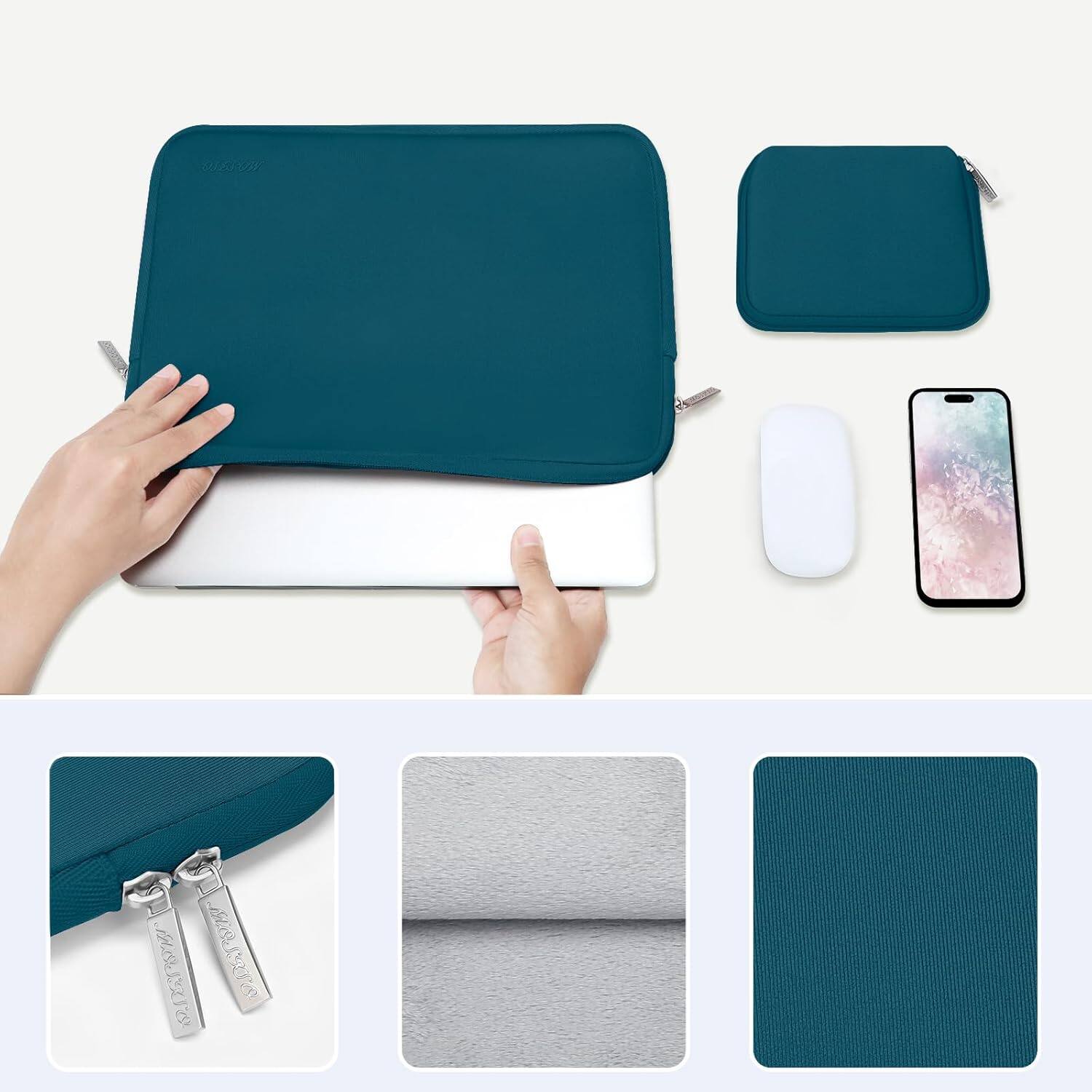 Back. mosiso - 14-inch Neoprene Laptop Sleeve with Small Pouch - Deep Teal.