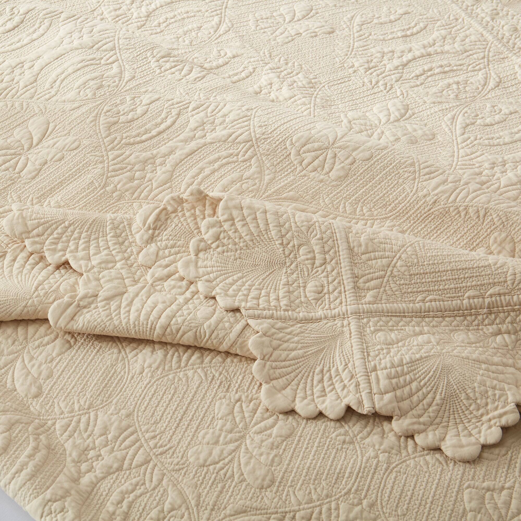 Back. MarCielo - Marcielo 3 Pcs Elegantly Embroidered 100% Cotton Oversized Quilt Bedspread Set - Beige.
