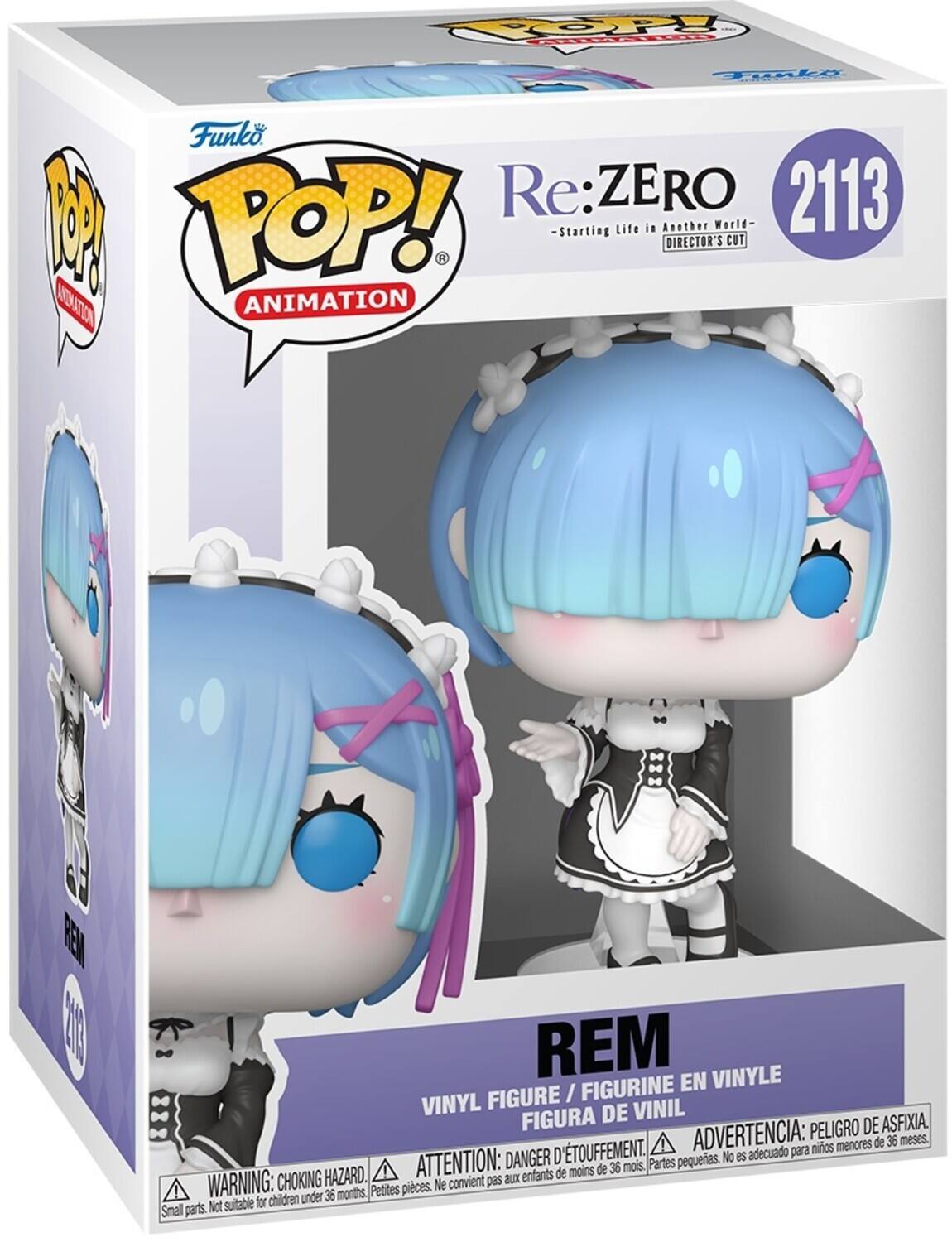 Re:ZERO  
2113  
Starting Life in Another World  
Director's Cut  

Funko POP! Animation  

REM  
Vinyl Figure / Figurine en Vinyle / Figura de Vinil  

Warning: Choking Hazard. Small parts. Not suitable for children under 36 months.  
Attention: Danger d'étouffement. Petites pièces. Ne convient pas aux enfants de moins de 36 mois.  
Advertencia: Peligro de asfixia. No es adecuado para niños menores de 36 meses.