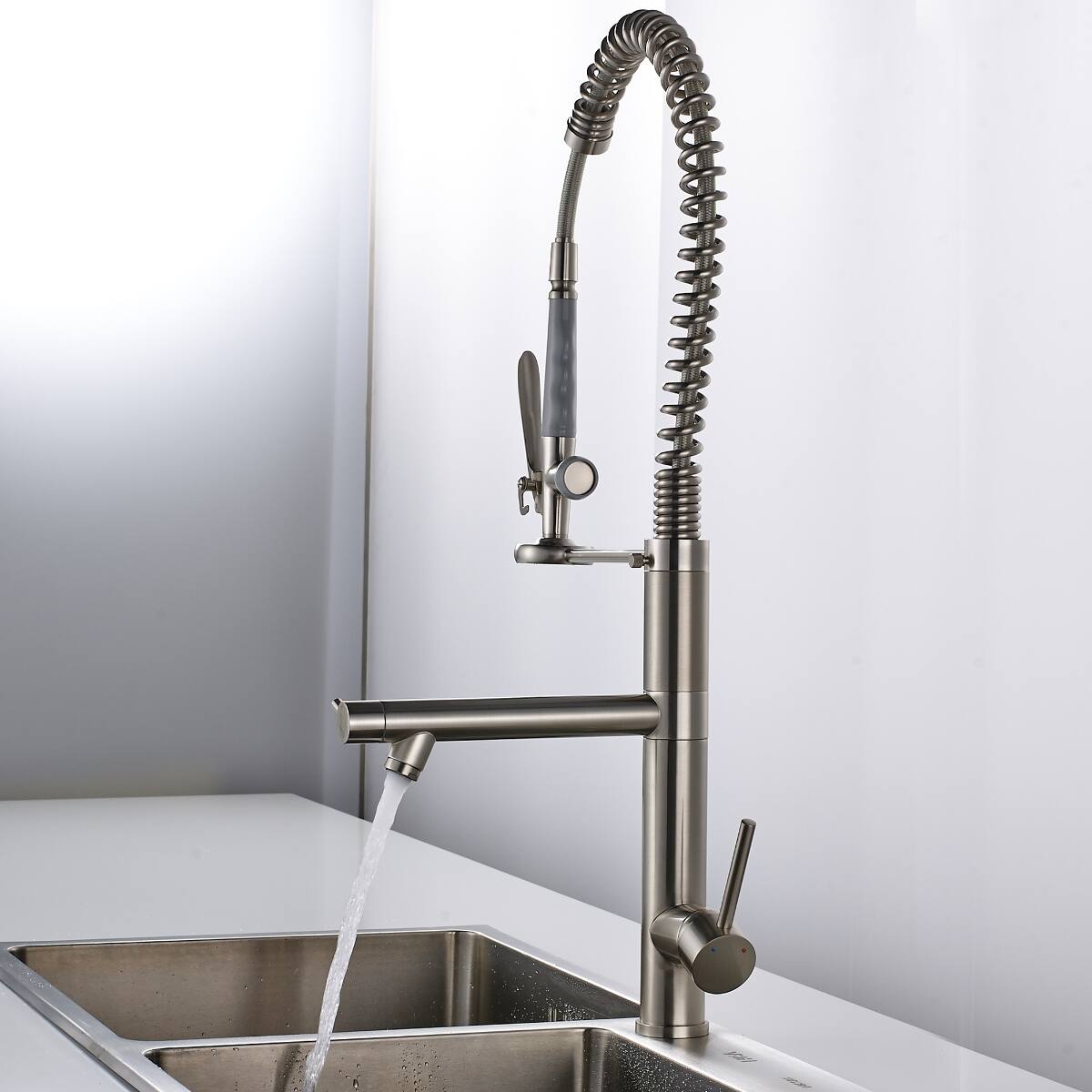 Back. Ropilly - Ropilly Pull Down Kitchen Faucet Brushed Nickel Stainless Steel Look Single Handle Dual Spout Single Hole - Brushed Nickel.