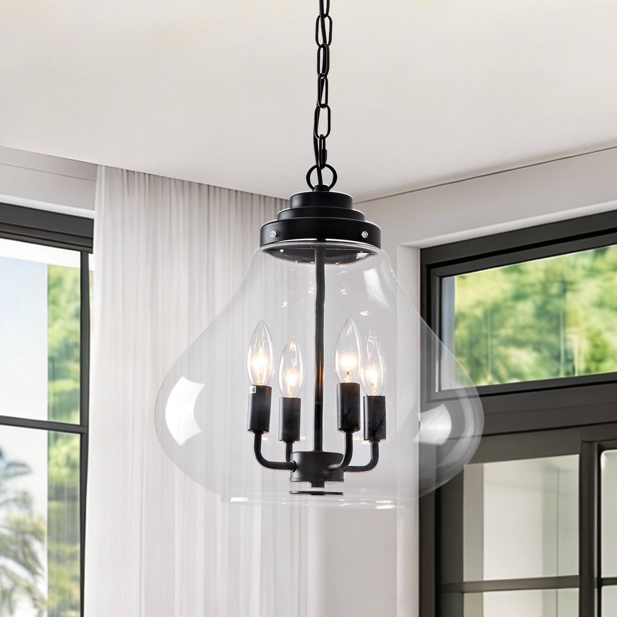 Front. RYHNUYNE - 13.77" Black Glass Pendant Light - Adjustable Industrial Hanging Light Fixture for Kitchen Island, Dining Room, Foyer.