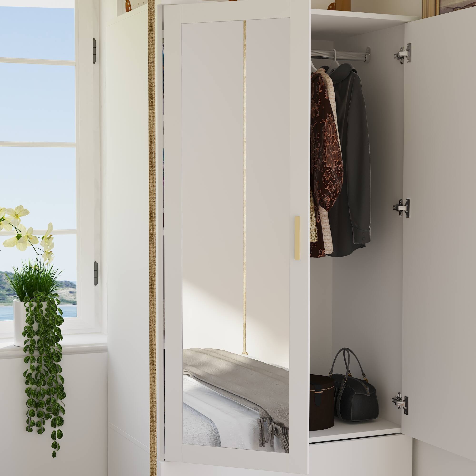 Alt View 8. FUFU & GAGA - Luxury Single Wardrobe with Mirror for Bedroom, Compact Closet with Hanging Rod, Drawer & Shelves, Small Space Storage - White.