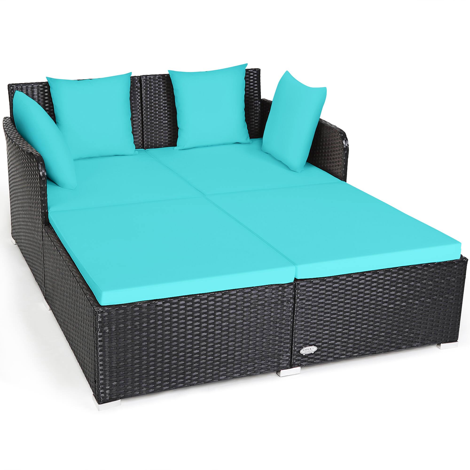 Alt View 8. Gymax - Gymax Rattan Patio Daybed Loveseat Sofa Yard Outdoor w/ Turquoise Cushions Pillows - Turquoise.