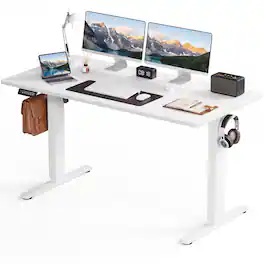 Bestier - Electric Standing Desk - Height Adjustable Office Desk with LED Display, Hooks & Wire Holes - White