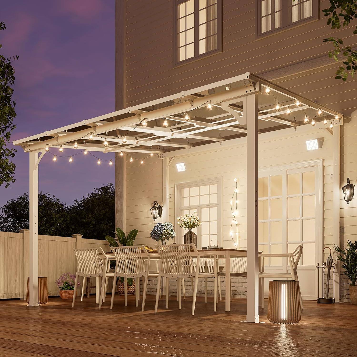 Angle. Yardgrace - 10'x 10' Outdoor Wall Mounted Lean-to Gazebo, Heavy Duty Sloped Roof Metal Awning for Patio, Decks & Backyard - White.
