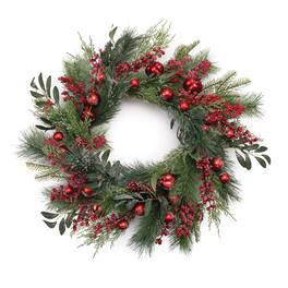 BreeBe - Mixed Pine Berry and Ornament Wreath 24"D - Green, Red