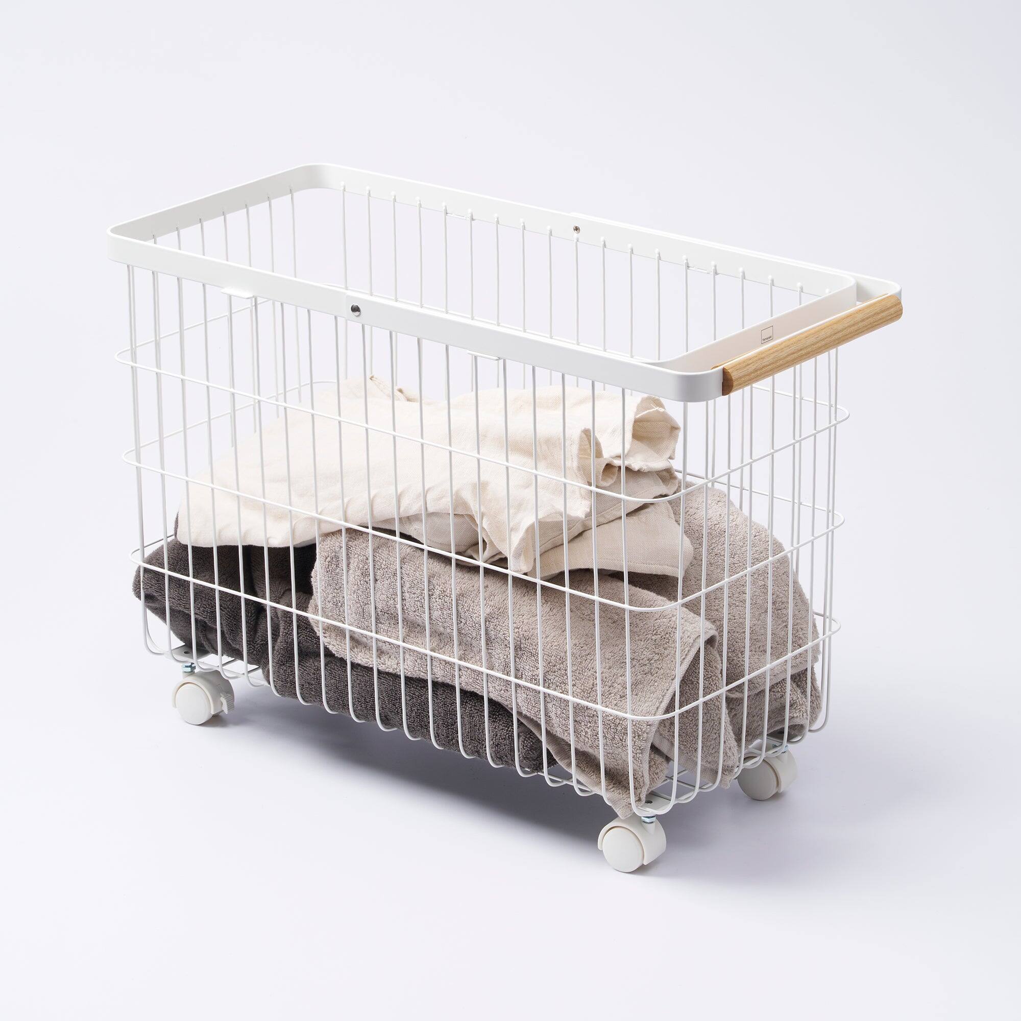 Angle. Yamazaki Home - Rolling Wire Basket (15" H)  - Steel + Wood - White.