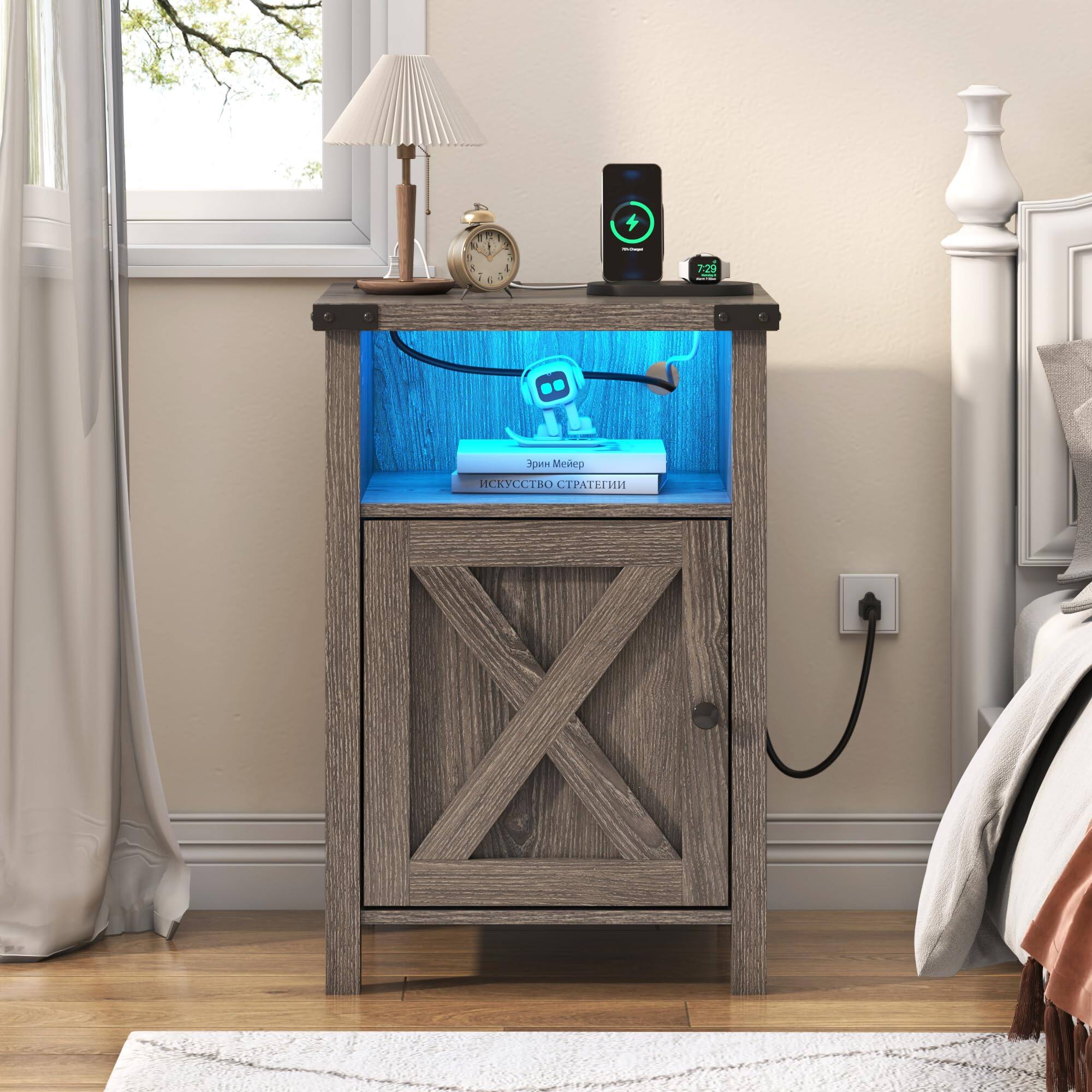 Alt View 1. Lent Glitter Wood - Set of 2 Farmhouse Nightstand with LED Lights & Charging Station for Bedroom, Rustic End Table with Barn Door & Storage - GRAY.