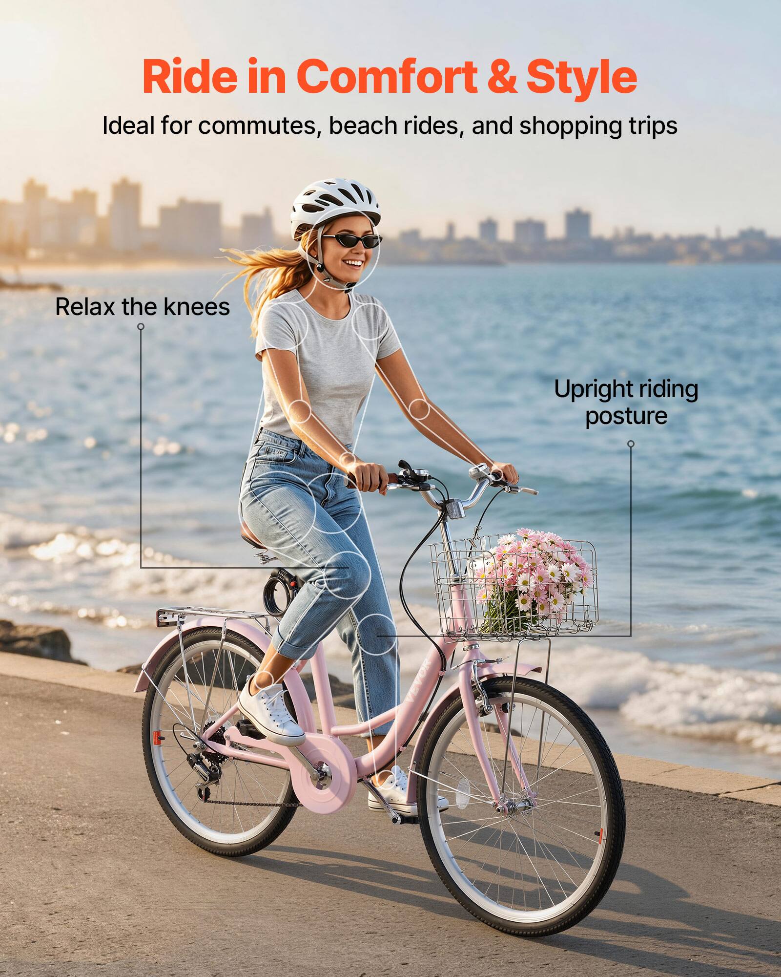 Ride in Comfort & Style  
Ideal for commutes, beach rides, and shopping trips  

Relax the knees  
Upright riding posture