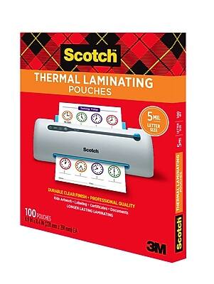 Scotch Thermal Laminating Pouches  
5 Mil Letter Size  
100 Pouches  
Durable Clear Finish  
Professional Quality  
Longer Lasting Laminating  
For Kids' Artwork, Labeling, Certificates, Documents  
8.5" x 11" (216 mm x 279 mm) EA  
3M