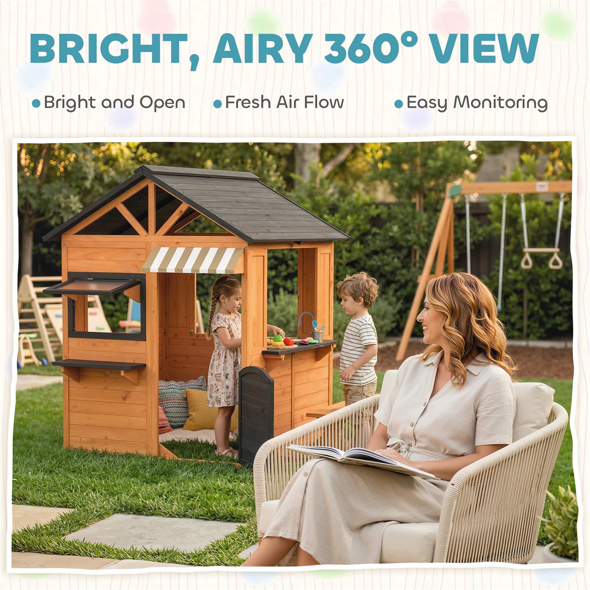 Qaba Kids Playhouse with Play Kitchen, Picnic Bench, Serving
