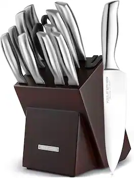 Zulay Kitchen - 12 Piece Stainless Steel Knife Set with Block and Sharpener - Dark Brown