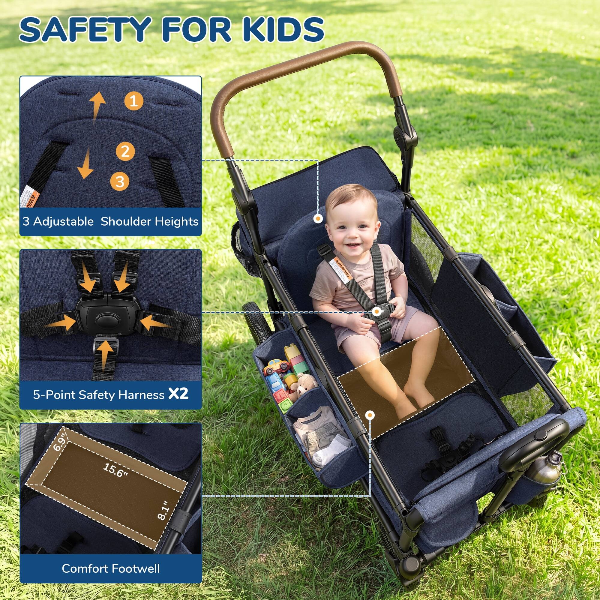 SAFETY FOR KIDS

1. 3 Adjustable Shoulder Heights
2. 5-Point Safety Harness X2
3. 6.9" x 15.6" x 8.1" Comfort Footwell