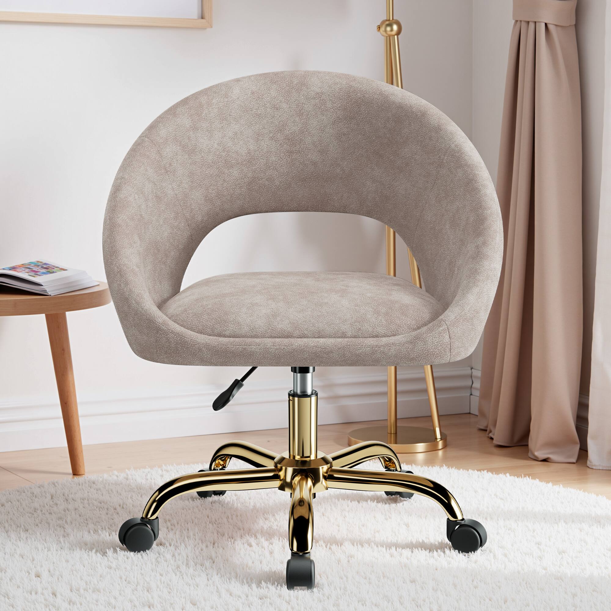 Alt View 5. KERDOM - Vanity Chair with Back & Wheel, Smooth Tech Fabric & Wide Cushion Home Office Chair, Makeup Chair Breathable Hollow Back - Khaki.
