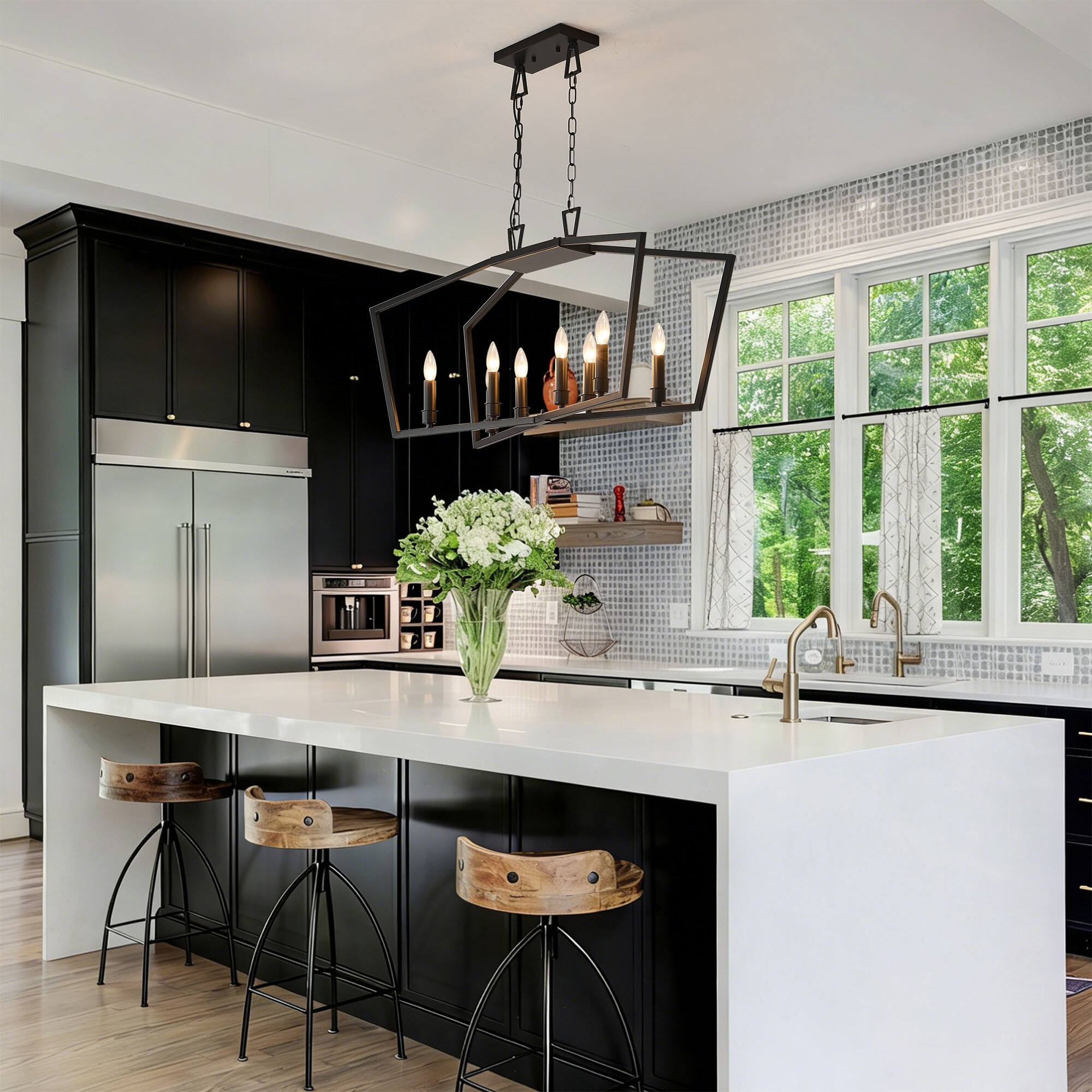 Angle. RYHNUYNE - 8-Light Kitchen Island Linear Chandelier, Large Farmhouse Chandelier for Dining Room, Industrial Pendant Light Fixture - Black.