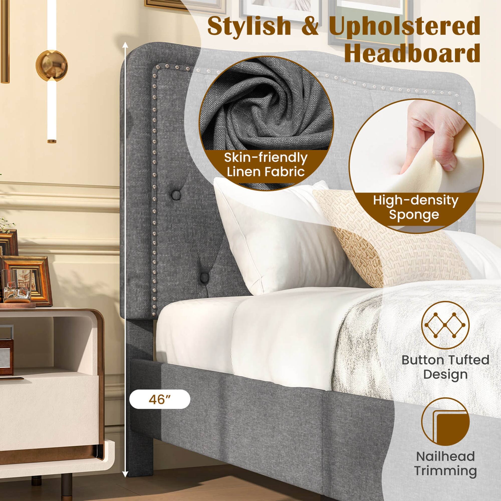 Stylish & Upholstered Headboard Skin-friendly Linen Fabric High-density Sponge 46" Button Tufted Design Nailhead Trimming