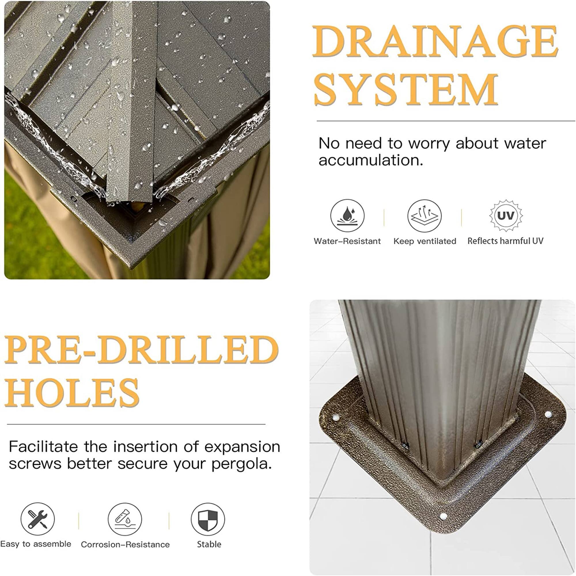 **DRAINAGE SYSTEM**  
No need to worry about water accumulation.  
- Water-Resistant  
- Keep ventilated  
- Reflects harmful UV  

**PRE-DRILLED HOLES**  
Facilitate the insertion of expansion screws better secure your pergola.  
- Easy to assemble  
- Corrosion-Resistance  
- Stable