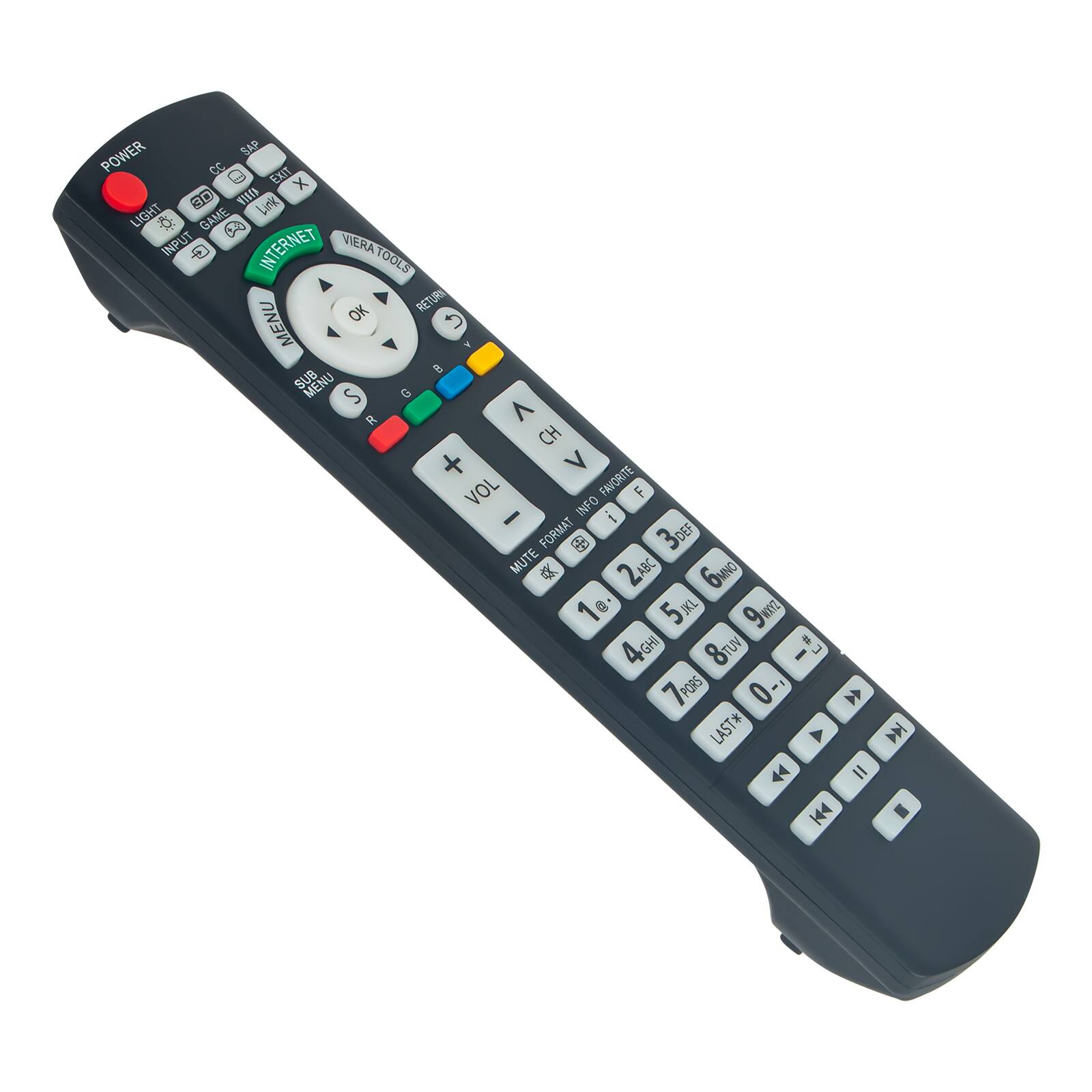 Sure, here is the corrected and grouped text from the image:

- POWER
- LIGHT
- GAME
- INTERNET
- VIERATOOLS
- MENU
- OK
- RETURN
- SUB MENU
- VOL
- MUTE
- INFO
- FORMAT
- FAVORITE
- 1
- 2ABC
- 3DEF
- 4GHI
- 5JKL
- 6MNO
- 7PQRS
- 8TUV
- 9WXYZ
- 0
- LAST
- A
- B
- C
- D
- E
- F
- G
- H
- I
- J
- K
- L
- M
- N
- O
- P
- Q
- R
- S
- T
- U
- V
- W
- X
- Y
- Z
- CC
- EXIT
- SUB
- S
- G
- R
- C
- B
- A
- V
- M
- U
- I
- O
- N
- T
- E
- R
- 3DEF
