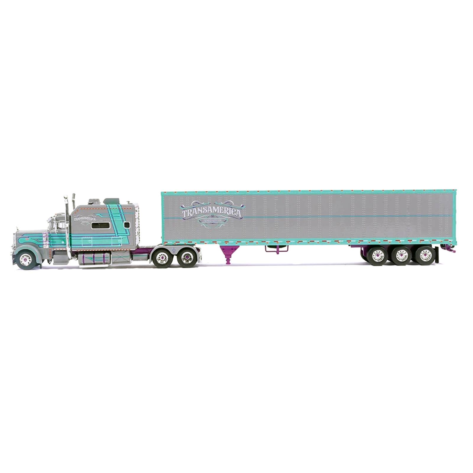 Alt View 1. IXO - Peterbilt 379 Truck with Sleeper and Dry Goods Trailer Gray with Seafoam Green Graphics 1/64 Diecast Model by IXO Models.