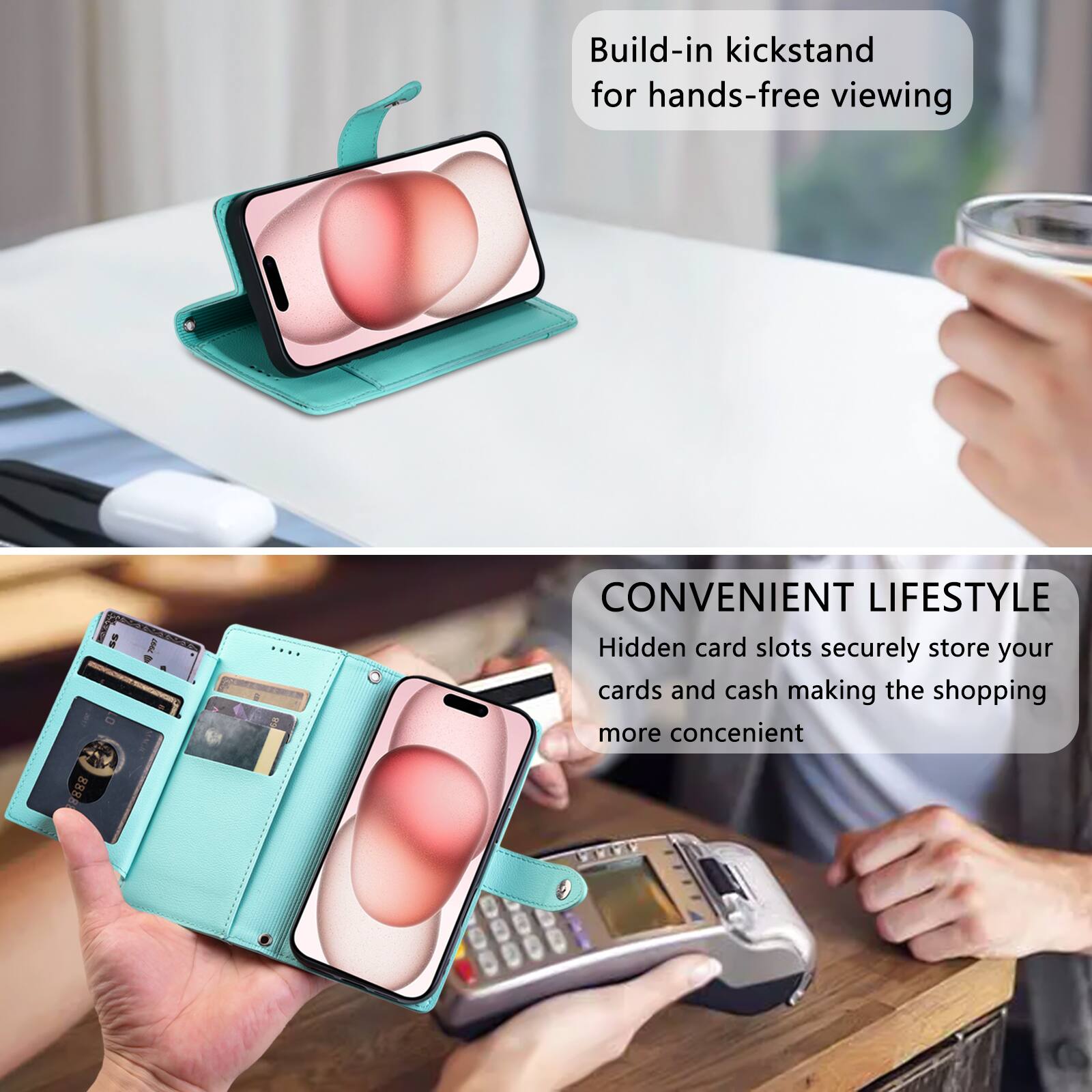 Build-in kickstand for hands-free viewing

CONVENIENT LIFESTYLE
Hidden card slots securely store your cards and cash making the shopping more convenient