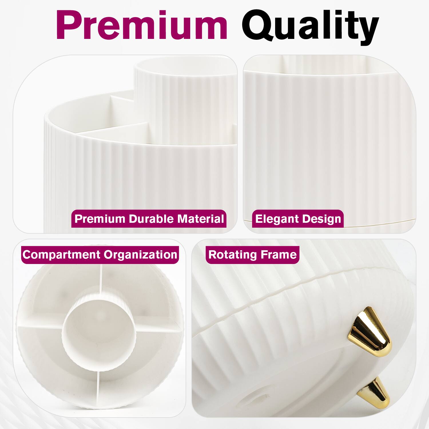 Premium Quality

- Premium Durable Material
- Elegant Design
- Compartment Organization
- Rotating Frame