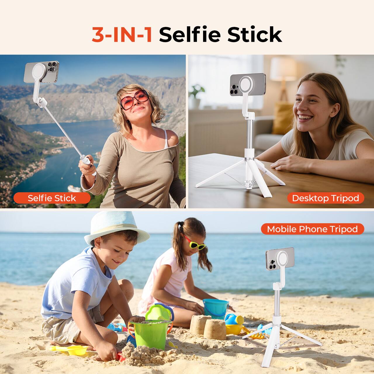 3-IN-1 Selfie Stick

- Selfie Stick
- Desktop Tripod
- Mobile Phone Tripod
