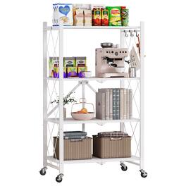 Sugift - 4-Tier Foldable Storage Shelves, Metal Storage Rack with Wheels - White