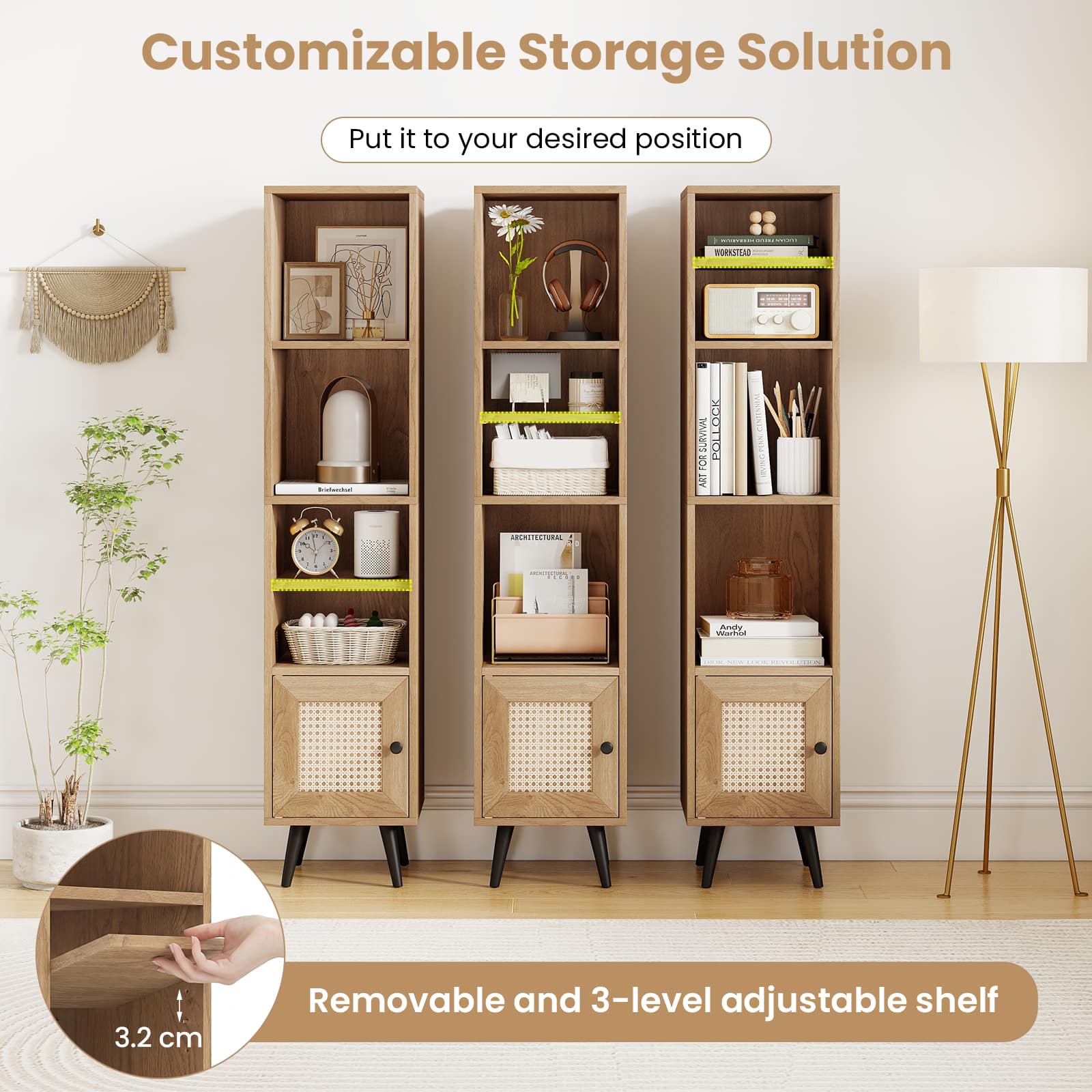 Gymax - 6-Tier Tall Narrow Bookcase w/ Adjustable Shelf & Boho Style Rattan Door - Yellow