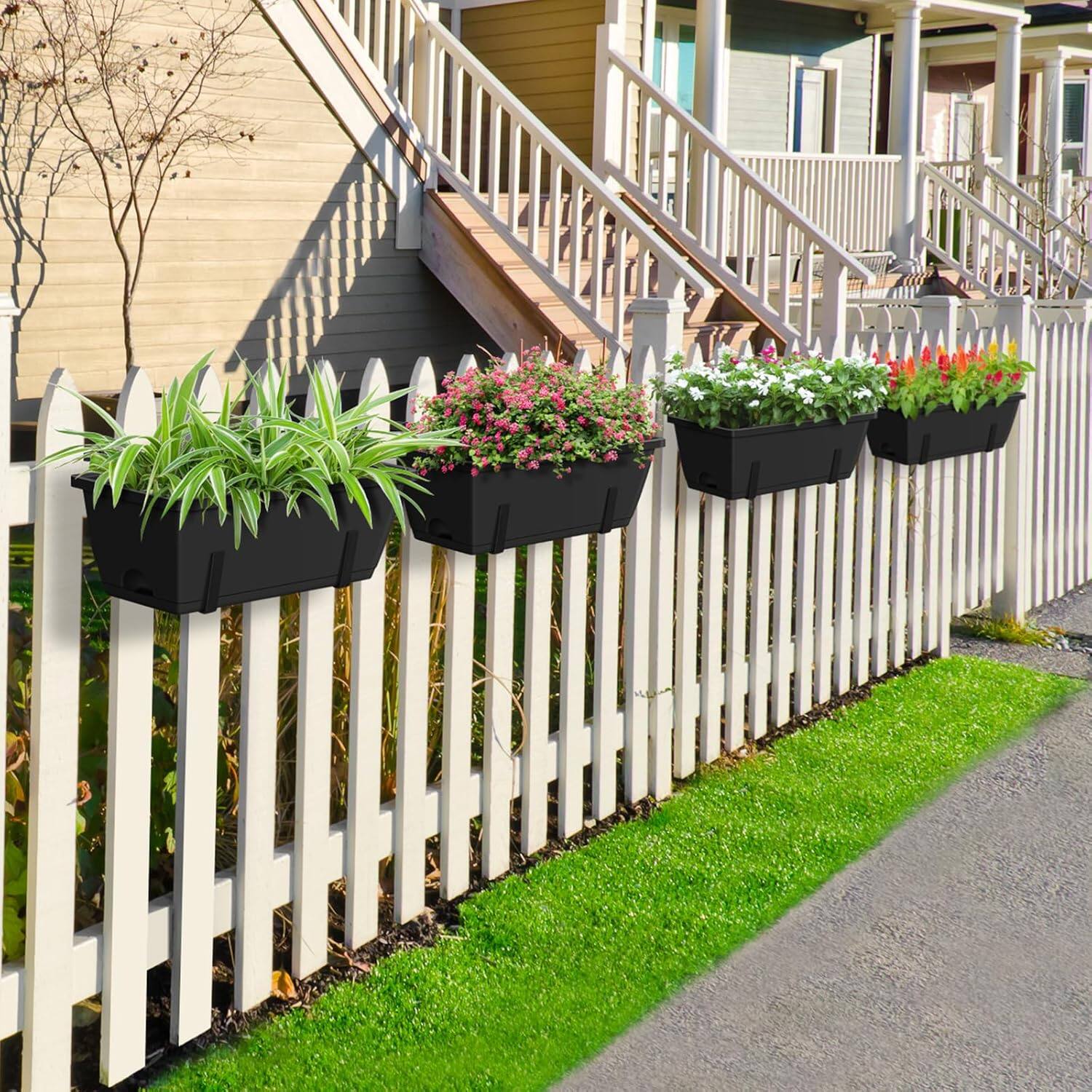 Alt View 2. Oumilen - 6-Pack Railing Planter Boxes, Black Adjustable Hook Rectangular Window Planters with Drainage & Tray for Fence Balcony.