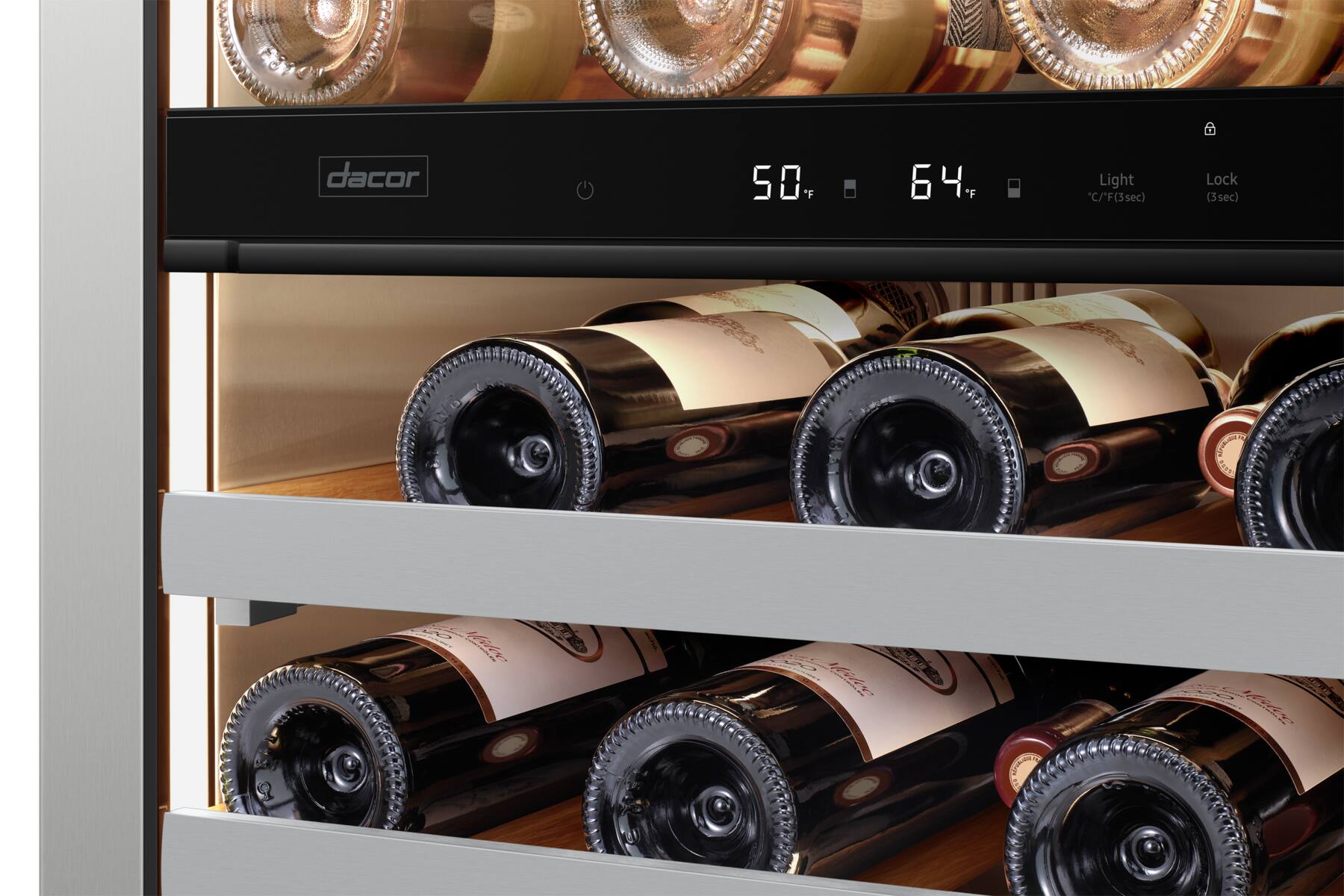 The text on the image reads "dacor 50°F 64°F 64°F Light "C/"F(3sec) Lock (3sec) - 1 E 10 Miky ie B OSE 1ie". This text is likely related to the wine refrigerator's temperature settings, locking mechanism, and lighting.