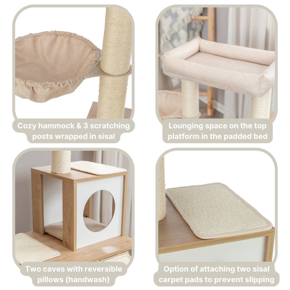 Cozy hammock & 3 scratching posts wrapped in sisal  
Lounging space on the top platform in the padded bed  
Two caves with reversible pillows (handwash)  
Option of attaching two sisal carpet pads to prevent slipping