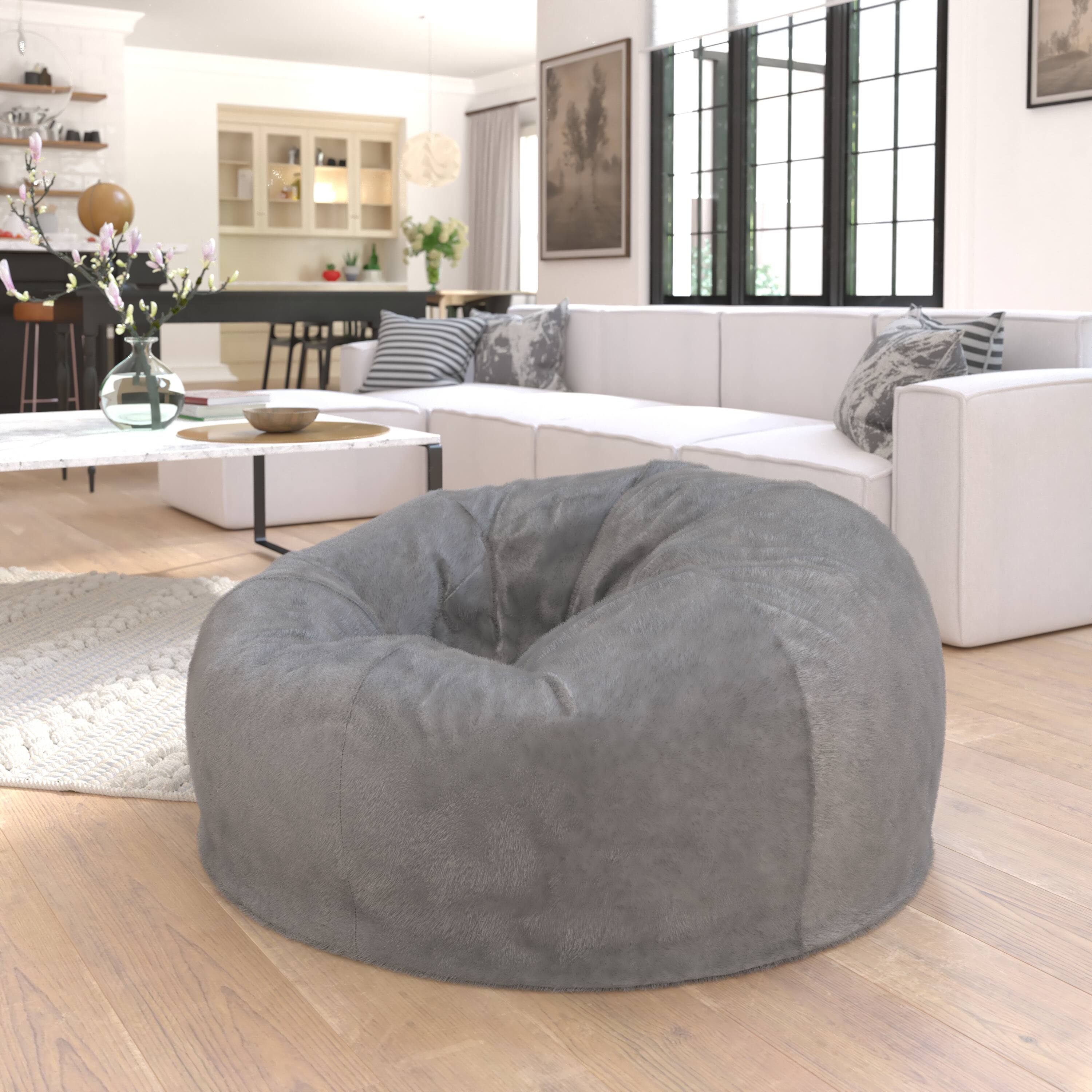Angle. Flash Furniture - Duncan Oversized Gray Furry Refillable Bean Bag Chair for All Ages - Gray.