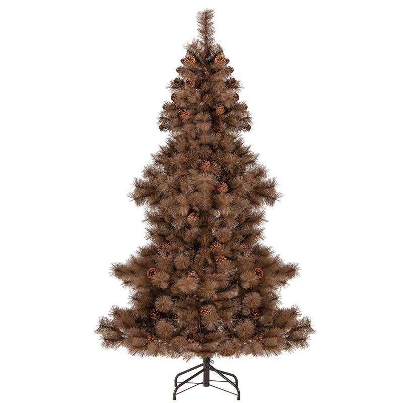 Angle. WELLFOR - 6 ft Pre‑lit Hinged Pine Artificial Christmas Tree with 493 Branch Tips & 52 Pine Cones, 200 Warm‑White LED Lights - Chocolate.