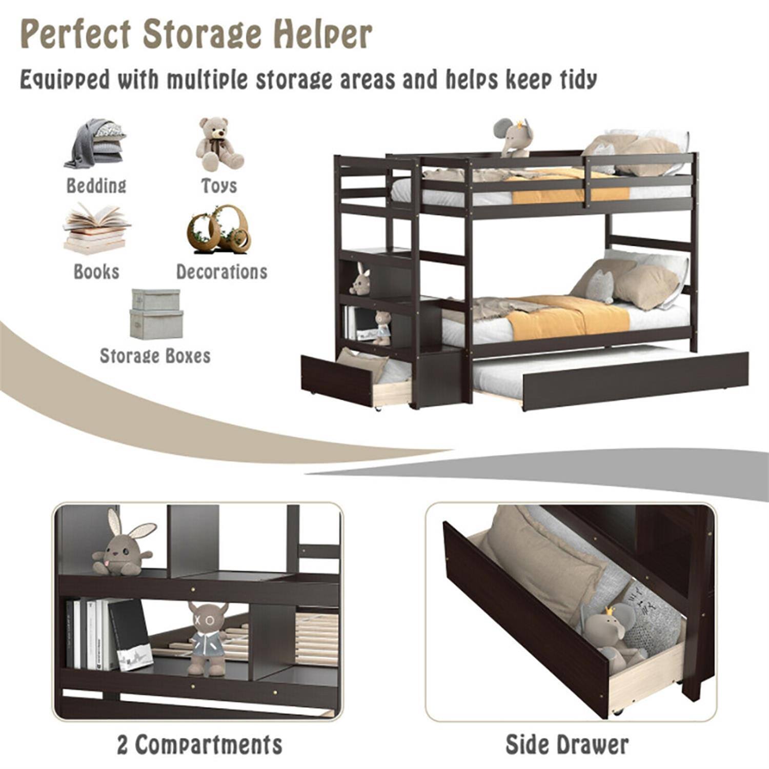 Perfect Storage Helper  
Equipped with multiple storage areas and helps keep tidy  

- Bedding  
- Toys  
- Books  
- Decorations  
- Storage Boxes  

2 Compartments  
Side Drawer