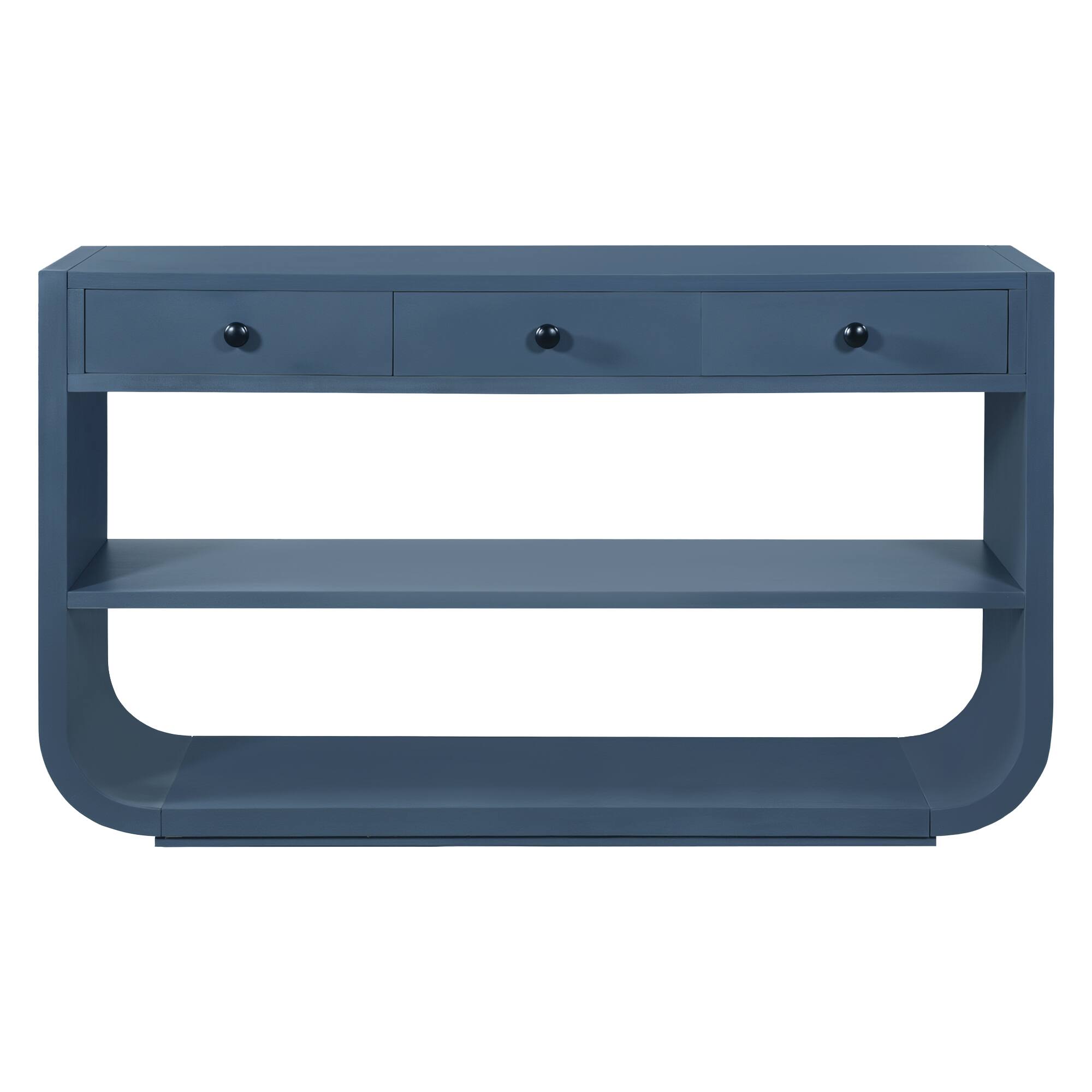 Back. Whisen - Modern Curved Console Table with 3 Soft-Close Drawers & 2 Shelves, Solid Wood Entryway Table-Blue - Blue.