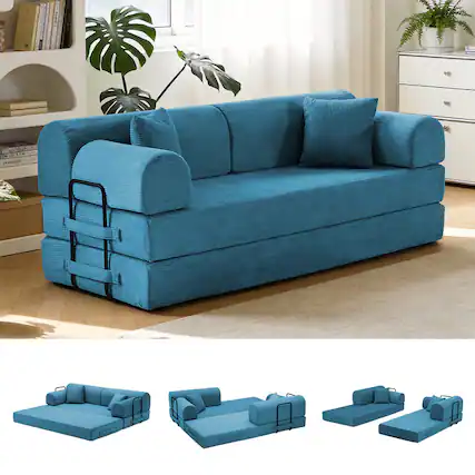 Front. ATOPSUN - Corduroy Convertible Sleeper Sofa Bed, Floor Couch w/ Fixed‑Shape Frame for Living Room & Bedroom,Azure - Azure.