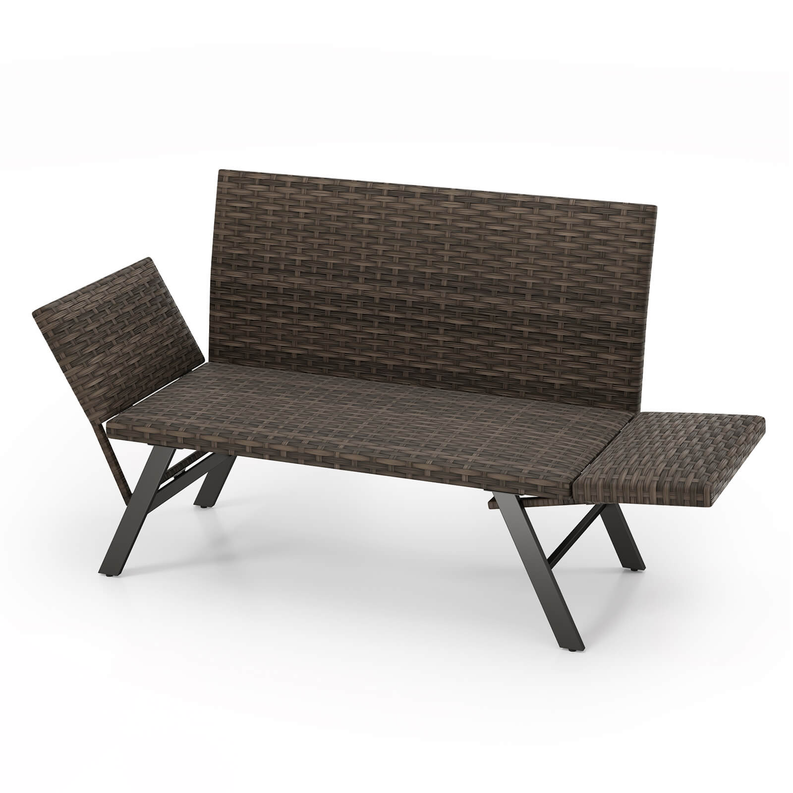 Costway - Patio Convertible Sofa for 2 with Adjustable Armrests Metal Frame Wicker Couch - Gray